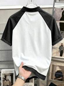 Daypath Men's Summer Casual Colorblock Patchwork Polo Shirt - Black and White - View 2