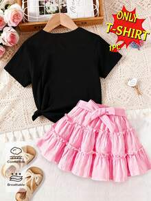 Elladie kids Girls' Fresh Fashion Cute Glitter Pink Bow & Heart Pattern Basic Black Short Sleeve T-Shirt, Comfortable Daily Wear For All Seasons - Black - View 2