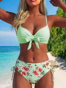SHEIN Swim Swim Lushoire 女士成熟時尚性感泳衣兩件套，青藍孔雀綠前綁帶純色比基尼上衣搭配植物印花短褲，夏季海灘度假風 - 薄荷綠 - 查看 1