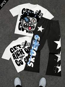 SHEIN 青少年男孩休閒圓領短袖圖案T恤與經典喇叭運動長褲2件套，適合春夏穿著 - 彩色 - 查看 1