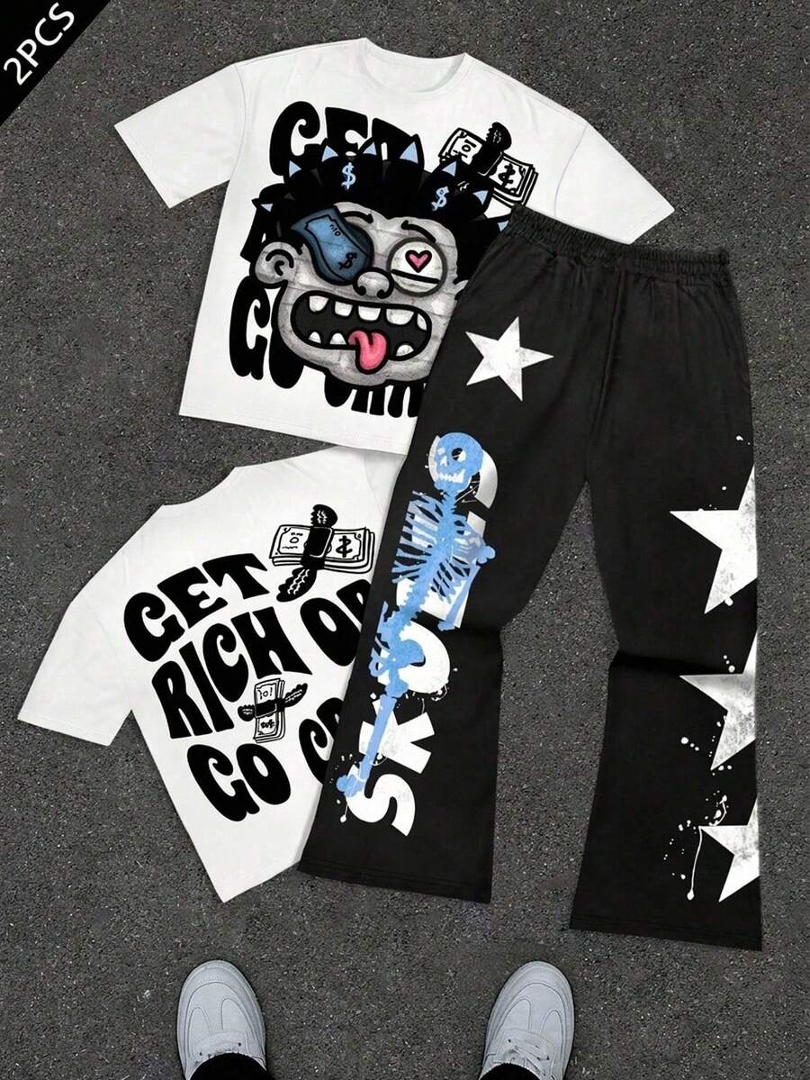 SHEIN 青少年男孩休閒圓領短袖圖案T恤與經典喇叭運動長褲2件套,適合春夏穿著 - 彩色 - 查看 1