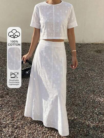 Livesso Summer White Hollow Jacquard Short Top Blouse & A-Line Skirt Set, Elegant Casual Vacation Beach Wedding Commute Women 2-Piece Outfit