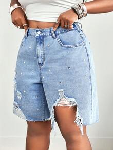 Slaydiva Plus Size Women's Rhinestone Embellished Distressed Pocket Raw Hem Denim Shorts - Blue - View 3