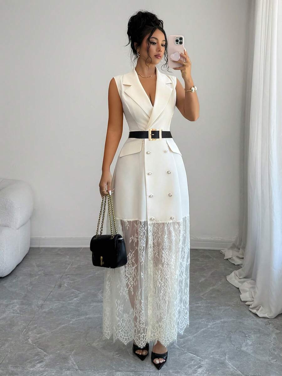 SHEIN Elenzya 女款純色翻領雙排扣蕾絲下擺無袖優雅洋裝,米白色夏季婚禮晚餐酒吧派對禮服 - 杏色 - 查看 1