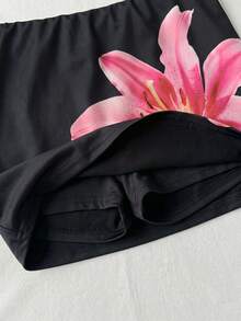 SHEIN Tween女孩白色花卉印花休閒裙，附內建內搭褲 - 黑色 - 查看 3