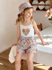 SHEIN Young Girl Floral & Heart Print Belted Cami Romper & Hat - Multicolor - View 3