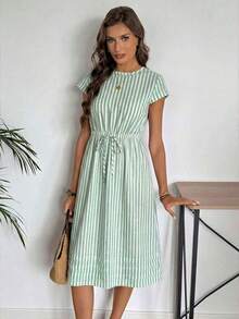 EMERY ROSE Women's Casual Striped Waist Tie Short Sleeve Dress, Summer - Pastel Green - View 2