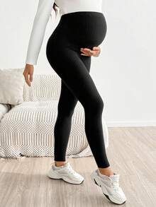 SHEIN Maternity Casual Soft Form Versatile Solid Color High Waist Leggings, Summer, Black Work Photoshoot Gender Reveal Party - Black - View 6
