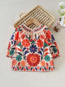 Babygirl Casual Cute Floral Pattern Ruffle Hem Long Sleeve Dress - Apricot - View 2