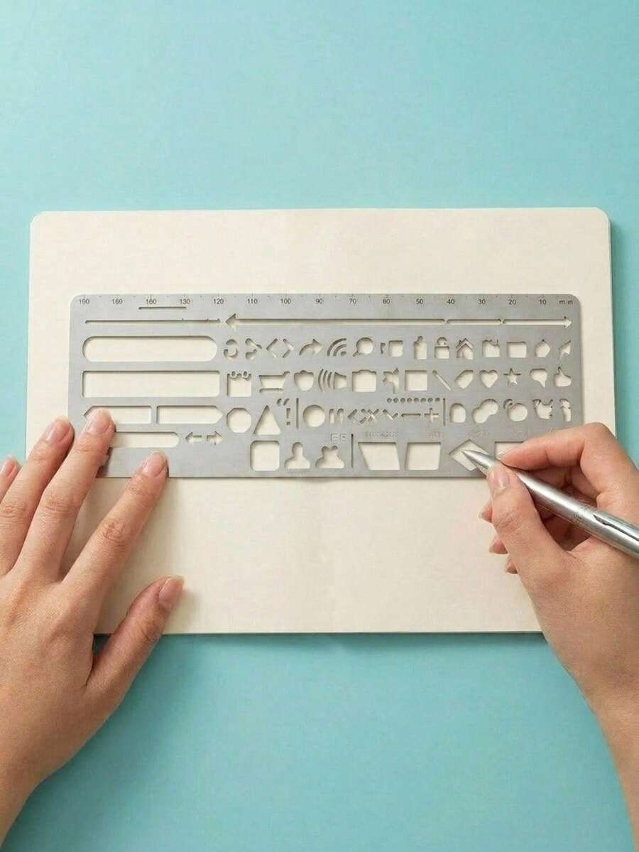 Joivida 1 Peça Régua Estêncil Multifuncional de Metal, Régua Molde Vazado de Aço Inoxidável com 60+ Formas, Molde Portátil DIY para Desenho para Diário, Scrapbooking, Estudo, Escritório & Viagem, com Ícones Fofos & Figuras Geométricas, 5 Estilos Disponíveis - Multicolor - Visão 1