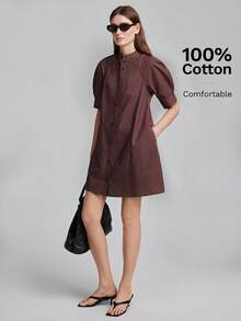 Ontre 2026 New All-Season Minimalist Fashion Elegant Casual Luxury Commute Vacation Party Wedding Outfit Knit Short Sleeve Round Neck Loose Button Brown Solid Color Women's Short Dress Versatile Slimming Heightening Elegant Daily Wear Commute Wear Work Wear Date Wear Fashion Wear Street Wear - Brown - View 2