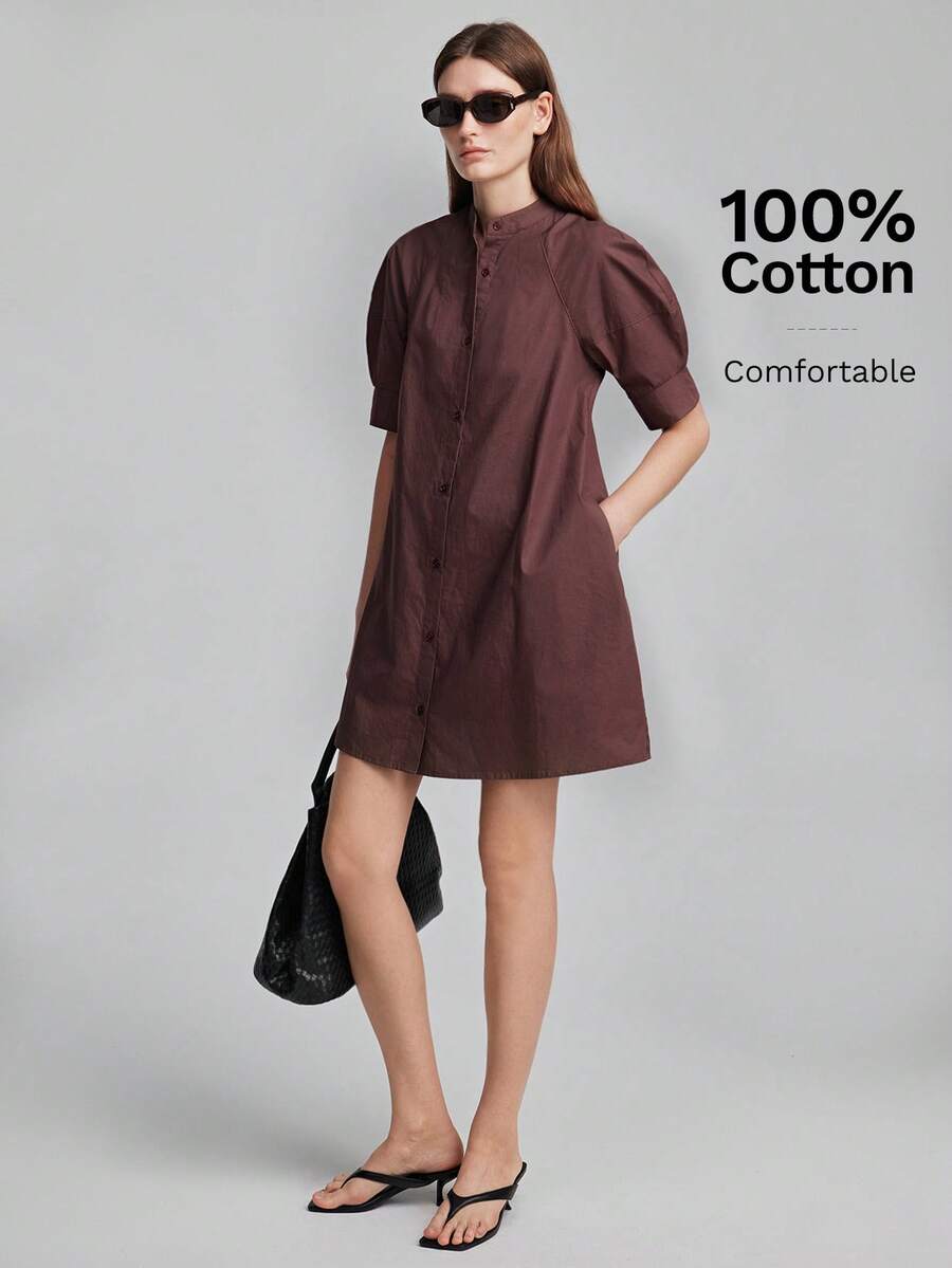 Ontre 2026 New All-Season Minimalist Fashion Elegant Casual Luxury Commute Vacation Party Wedding Outfit Knit Short Sleeve Round Neck Loose Button Brown Solid Color Women's Short Dress Versatile Slimming Heightening Elegant Daily Wear Commute Wear Work Wear Date Wear Fashion Wear Street Wear