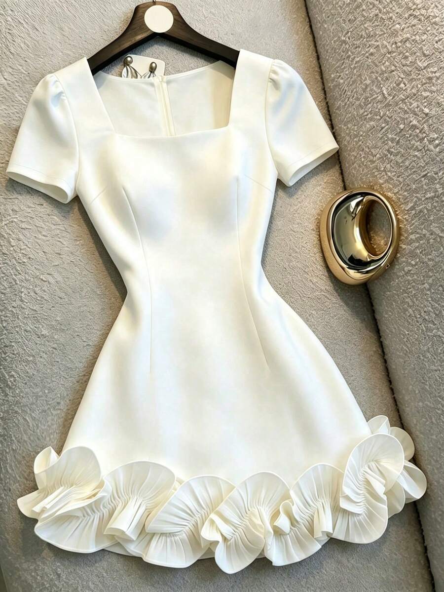 SHEIN Franclia Women's Elegant Solid Color 3D Ruffle Trim Dress - Apricot - View 1