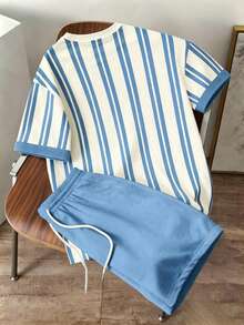 Manfinity Joysei Men's Summer Casual Striped T-Shirt And Shorts Set - Blue - View 2