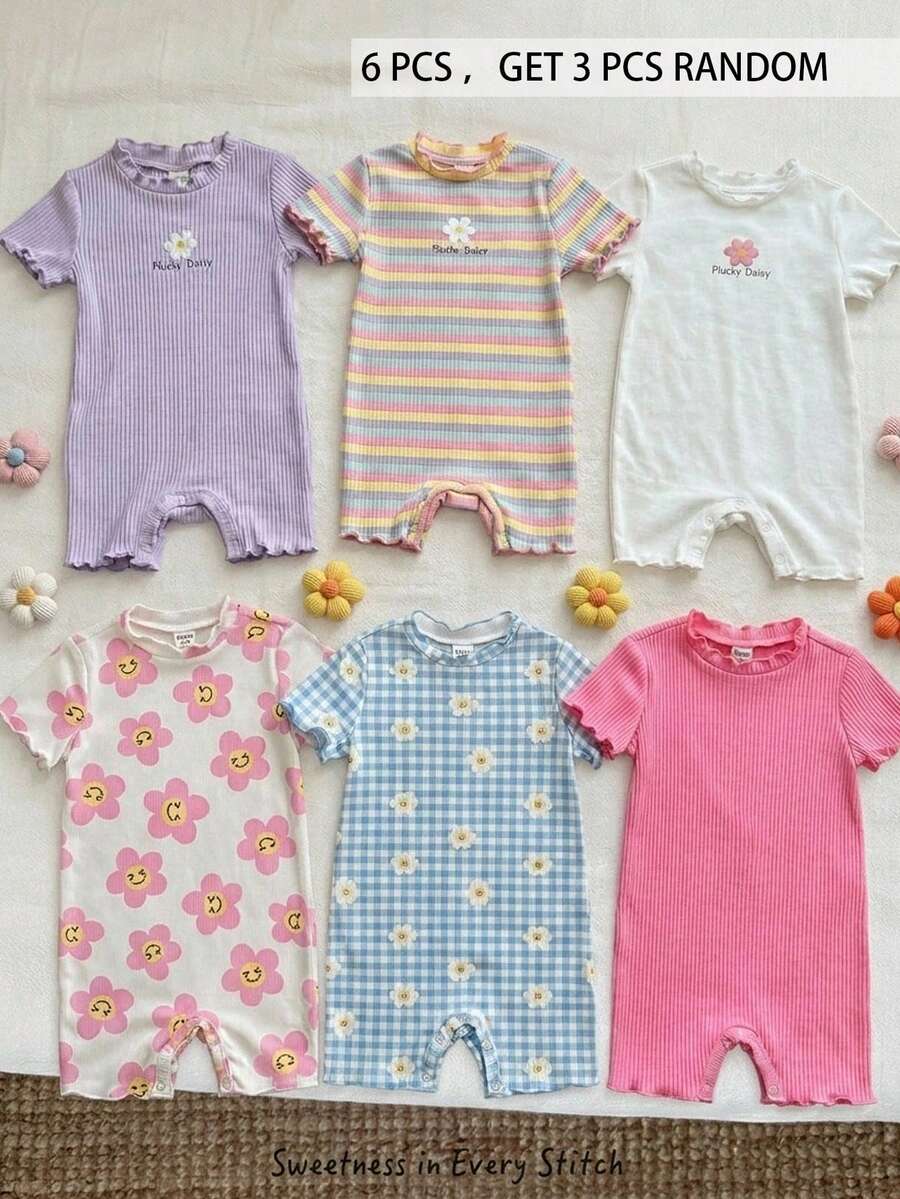 SHEIN 6 PCS, GET 3 PCS RANDOM, 3pcs Baby Girl Casual Comfortable Daily Versatile Floral Face And Blue & White Plaid Daisy Pattern Striped Knit Soft Round Neck Short Sleeve Romper Suitable For Summer, Travel, Vacation, Spring And Summer - Multicolor - View 1