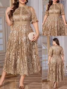Reflora Plus Size Women's White Lace Midi Summer Dress Elegant Short Sleeve Dress - Champagne - View 2