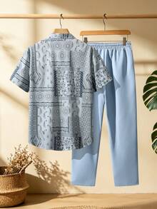 Genlund Men's Patchwork Print Shirt And Long Pants 2 Pieces Set - Multicolor - View 2