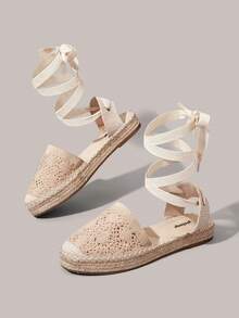Styleloop 女款麻繩底杏色針織後繫帶波希米亞音樂節穿搭鞋，舒適透氣度假款，旅行必備 - 杏色 - 查看 6