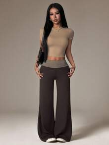 SHEIN PETITE Casual Loose Striped Patchwork Wide Leg Pants - Army Green - View 9