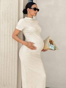MaterniWear Women's Summer Maternity Casual Beige Short-Sleeve Slim-Fit Jacquard Knit Dress - Apricot - View 8