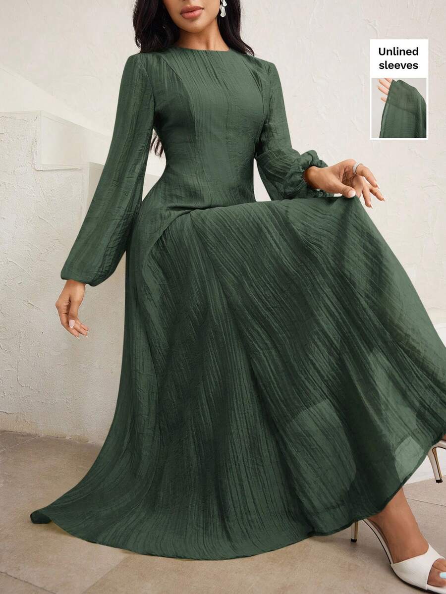 Veilorie Vestido elegante de cuello alto de 3/4 de manga con cintura fruncida, versátil y encantador