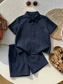 Kids Young Boy Young Boy 2pcs/Set Spring/Summer Casual Versatile Vacation Style Striped Short Sleeve Shirt & Knit Shorts Set, Young Boy Outfit Set - Multicolor - View 5