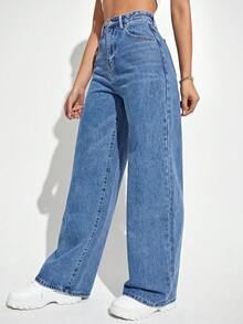 SHEIN PETITE Celana Jeans Denim Biru Wanita Multi-Saku Ukuran Petite yang Modis dan Serbaguna untuk Aktivitas Luar Ruangan dan Perjalanan. - Light Wash - View 3