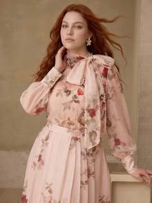 MOTF PREMIUM PLUS SIZE WOMEN'S SPRING/SUMMER ROSE PRINT TIE NECK LANTERN SLEEVE BLOUSE FOR DAILY WEAR AND DATING FALL - Pink - View 7