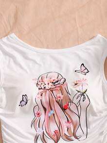 SHEIN 少女女孩 2件組圓領印花蛋糕裙溫柔清新風無袖白色T恤蝴蝶花卉度假生日馬卡龍色夏季 - 彩色 - 查看 3