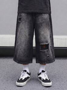 Manfinity EMRG Men's Pocket Distressed Wide Leg Loose Cropped Denim Jeans, Holiday - Black - View 4