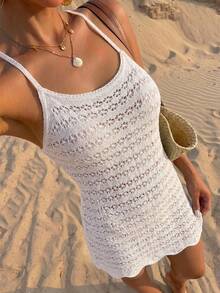 SHEIN Swim Chiccia Women's European American Style Boho Solid Color Beach Vacation Sexy Hollow Out Sheer Sleeveless Knit Cover-Up Short Strap Dress Summer - White - View 5