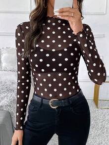 SHEIN Clasi 女款優雅性感豹紋網紗修身上衣 - 棕色 - 查看 3