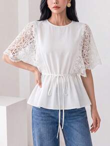 Heiryn Women's Solid Color Round Neck Pleated Casual Versatile Daily Outing Shirt - White - View 1