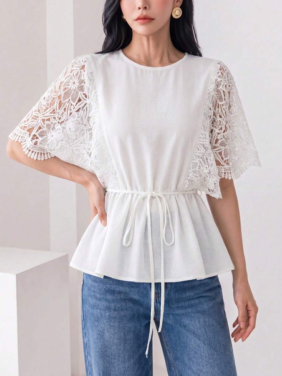 Heiryn Women's Solid Color Round Neck Pleated Casual Versatile Daily Outing Shirt - White - View 1