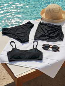 DAZY Tween Girl Solid Color Tank Top + Bikini Bottom + Cover-Up Skirt 3-Piece Swimwear Set Summer - Black - View 4
