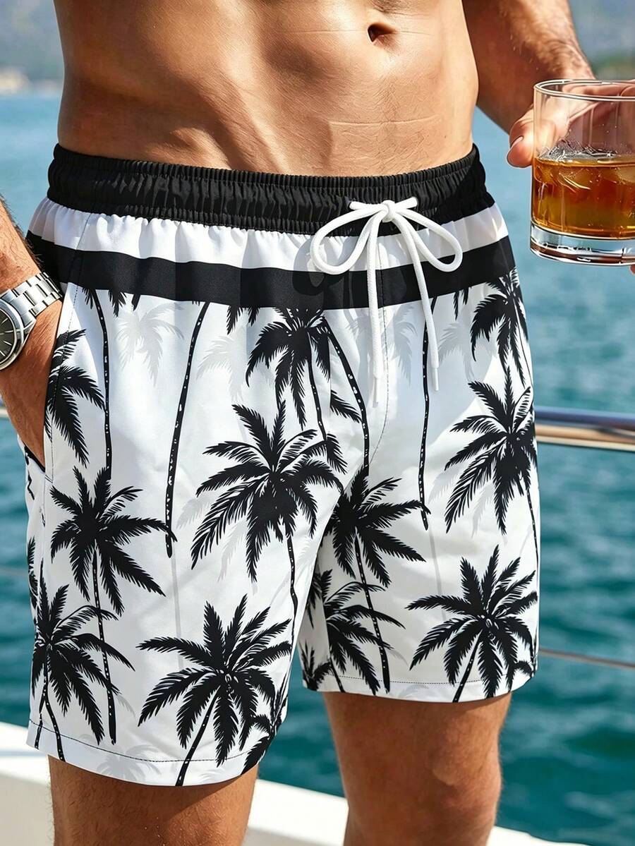 Surfspeed Pantalones cortos de playa con estampado de palmeras y cintura con cordón para hombre de talla grande - Blanco y Negro - Ver 1