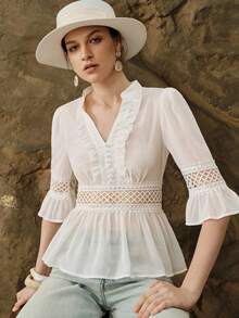 SHEIN Elegant Elegant Summer White Faux Silk Lace Patchwork Blouse Shirt - White - View 8