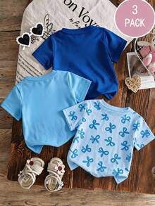 Set de 3 camisetas de niña con estampado de dibujo animado de capibara, de cuello redondo y manga corta para el verano - Azul Cadete - Ver 2