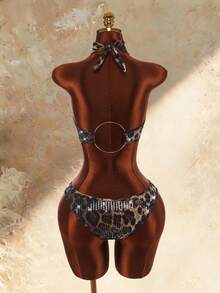 Amplova Women's Sequin Shiny Leopard Print Swimsuit Set With Ring Back Sexy Detail Beach Party Brown Zebra Print Summer - Brown - View 9