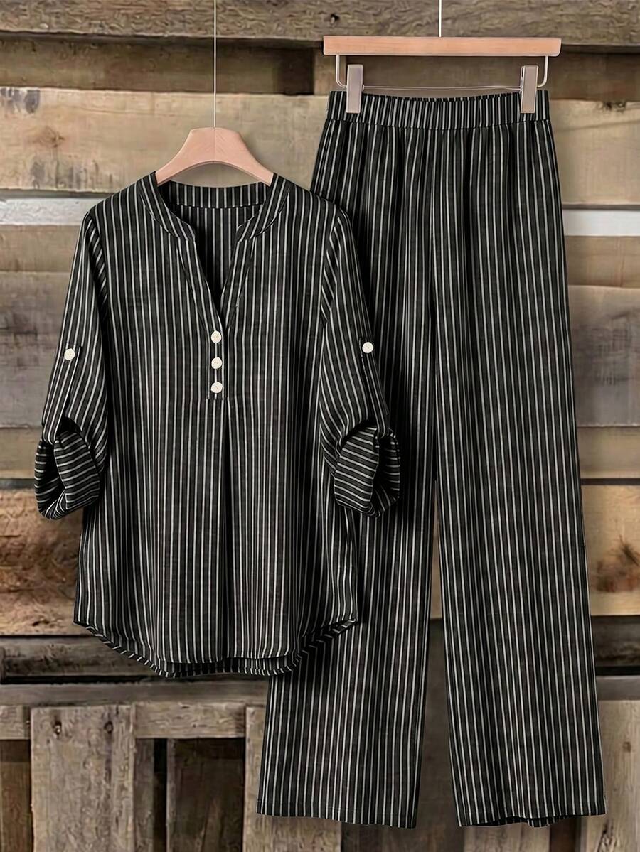 Rusticease Women's Striped Shirt And Pants 2 Pieces Set - Black - View 1
