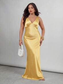 SHEIN Tall CURVE CURVE 大尺碼黃色夏季優雅性感婚禮正式早午餐賓客禮服，高個女性深V領露背魚尾長款派對晚禮服 - 淡黃色 - 查看 10