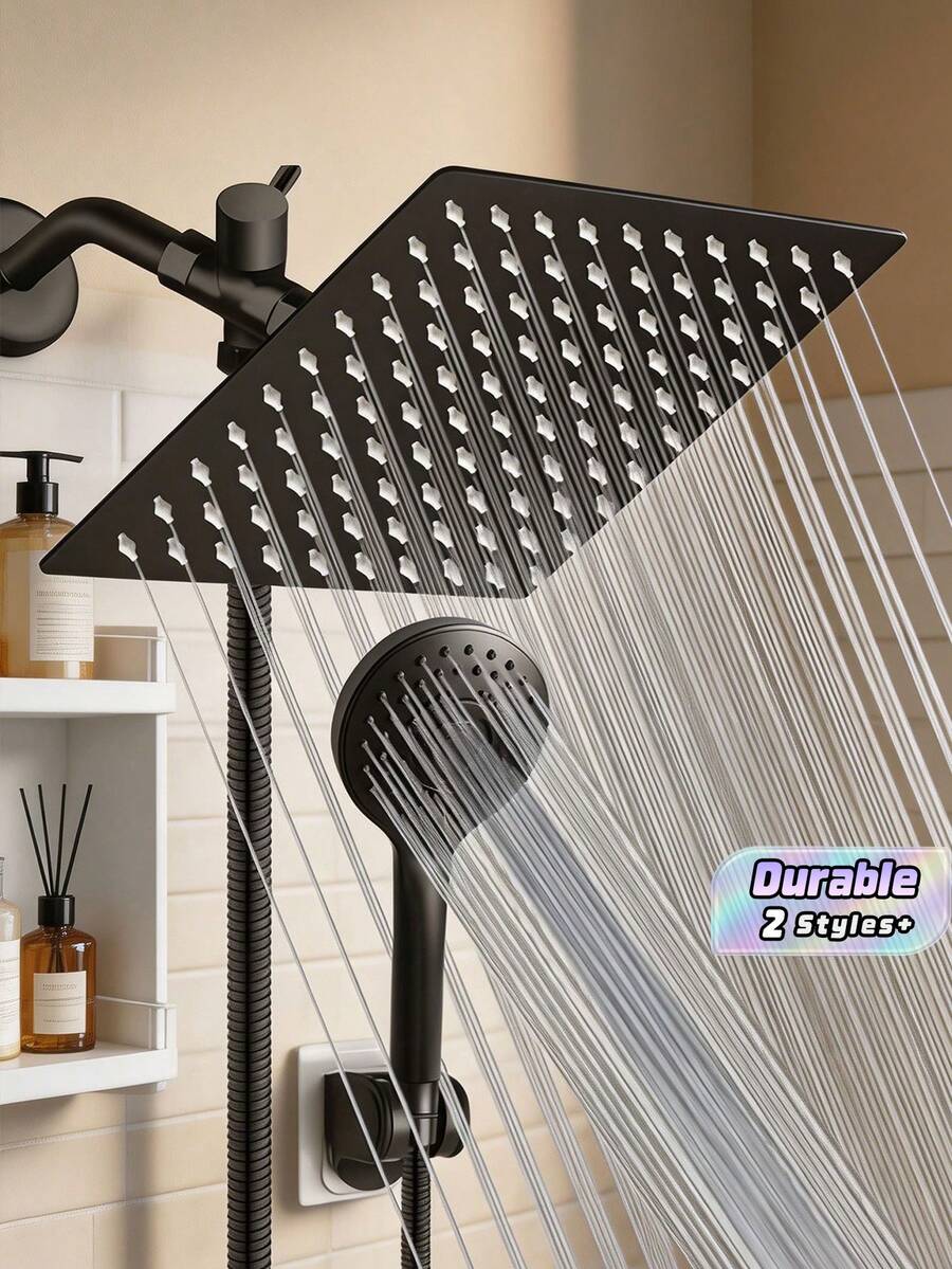 Handheld Shower Head With A 57-Inch Hose, 6-Inch Adjustable Round Bathroom Faucet Set Including A 3-Way Diverter And Drill-Free Wall Mount Bracket, Available In Black/Silver; Ideal For Bathroom Upgrades Featuring Stylish Shower Designs, - Set - View 1