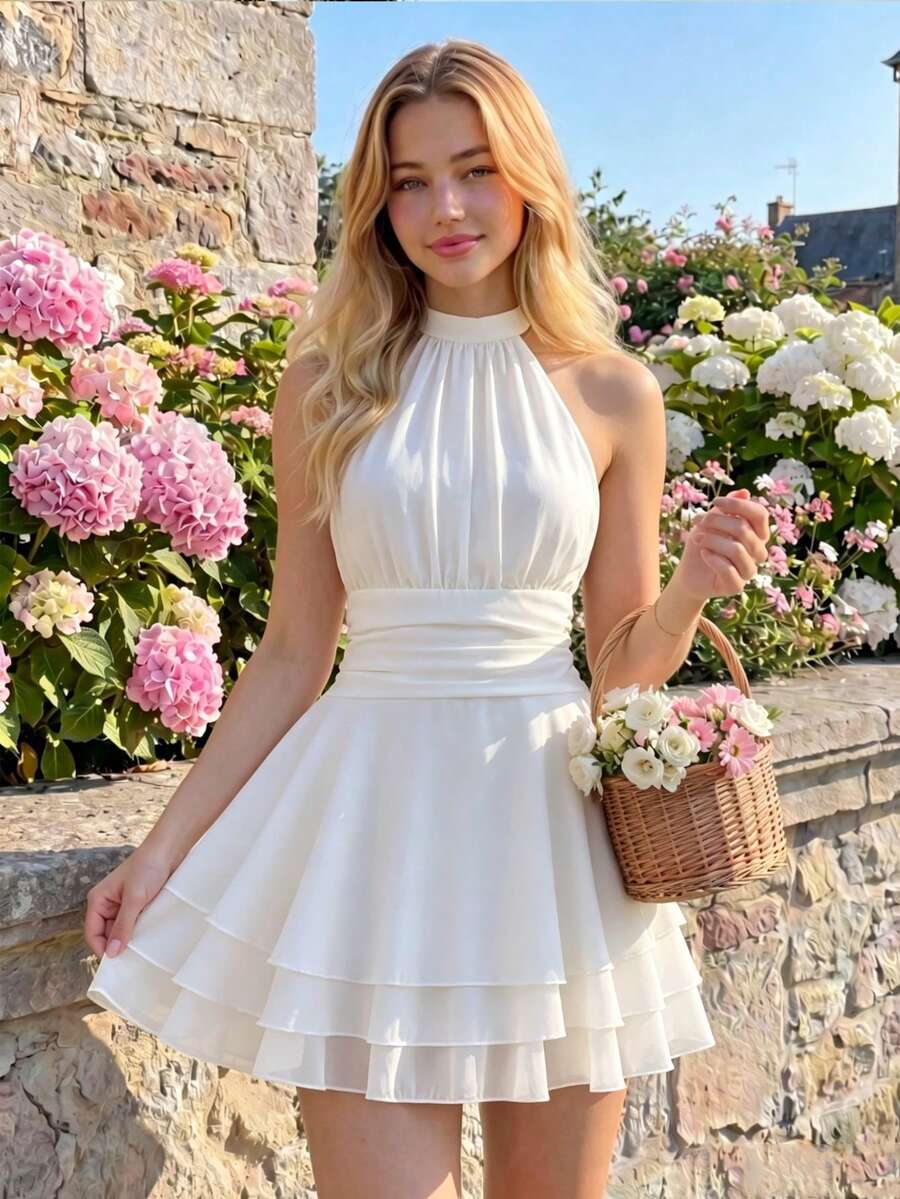 Teen Girl Summer Elegant Solid Color Halter Neck Dress - White - View 1