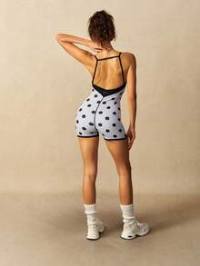 VARSIVA Polka Dot Print Backless Spaghetti Strap Sports Romper - Multicolor - View 9