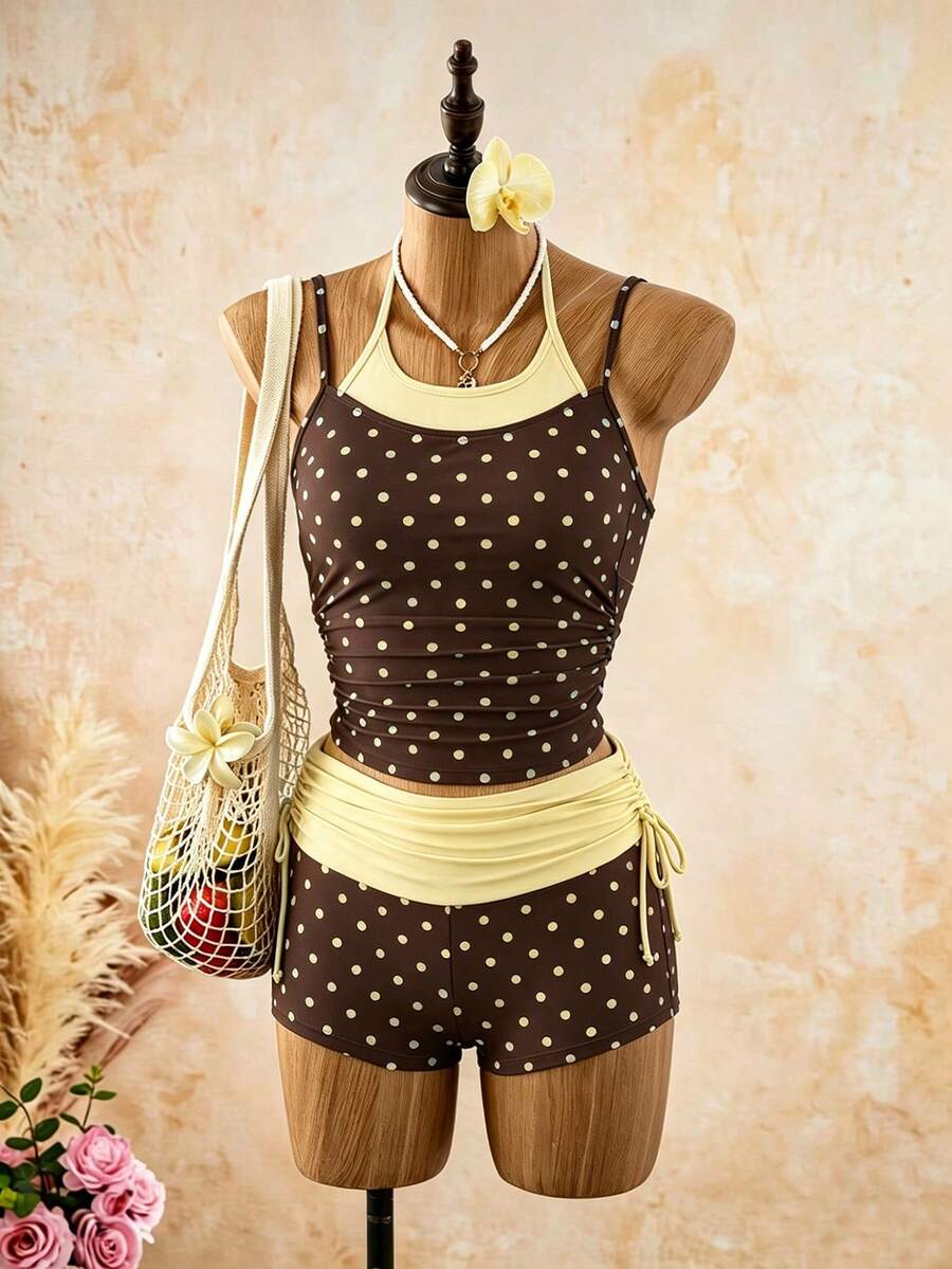 Bellisia 女款兩件式復古圓點印花細肩帶背心與抽繩短褲比基尼套裝,適合夏季海灘度假 - 彩色 - 查看 1