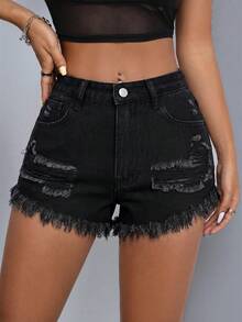 SHEIN PETITE Women's Button Distressed Pocket Frayed Hem Fashion Denim Shorts - Black - View 4