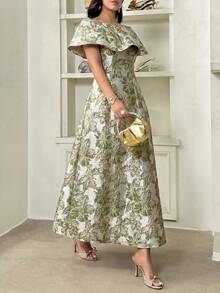 Modelyn Vestido de fiesta elegante de jacquard con cintura ceñida y largo medio para mujer - Verde Oscuro - Ver 6