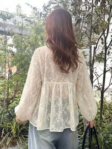 FRIFUL Women's Vacation Embroidered Tassel Front Tie Long Sleeve Fashion Blouse - Apricot - View 6