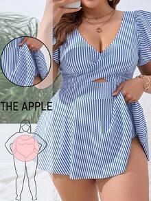 Swim Lushoire Plus Size Women's V-Neck Striped Swim Dress, Suitable For Summer Vacation And Beach - Multicolor - View 1