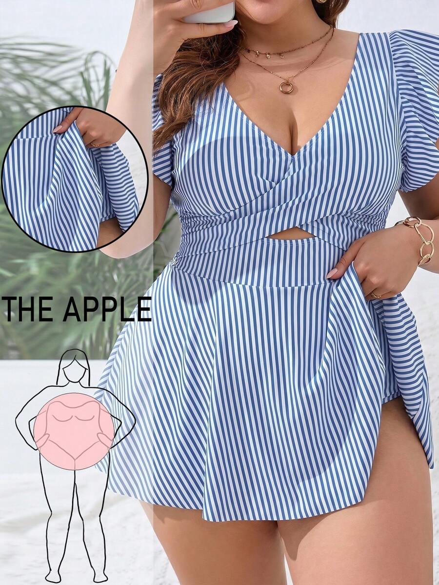 Swim Lushoire Plus Size Women's V-Neck Striped Swim Dress, Suitable For Summer Vacation And Beach - Multicolor - View 1